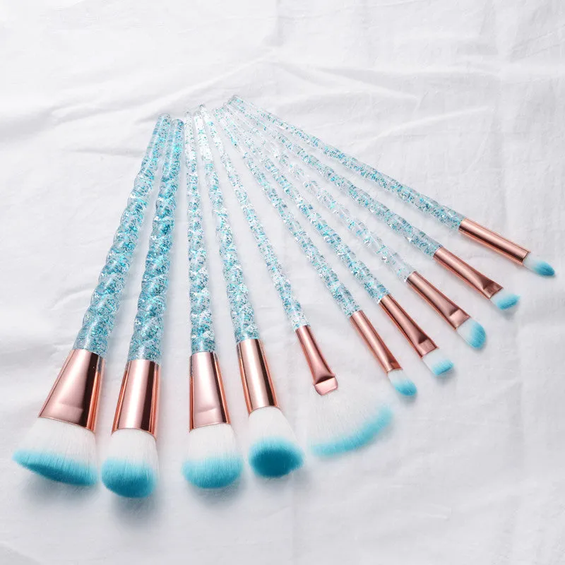 10 pc unicorn crystal plastic handle synthetic hair makeup brush set