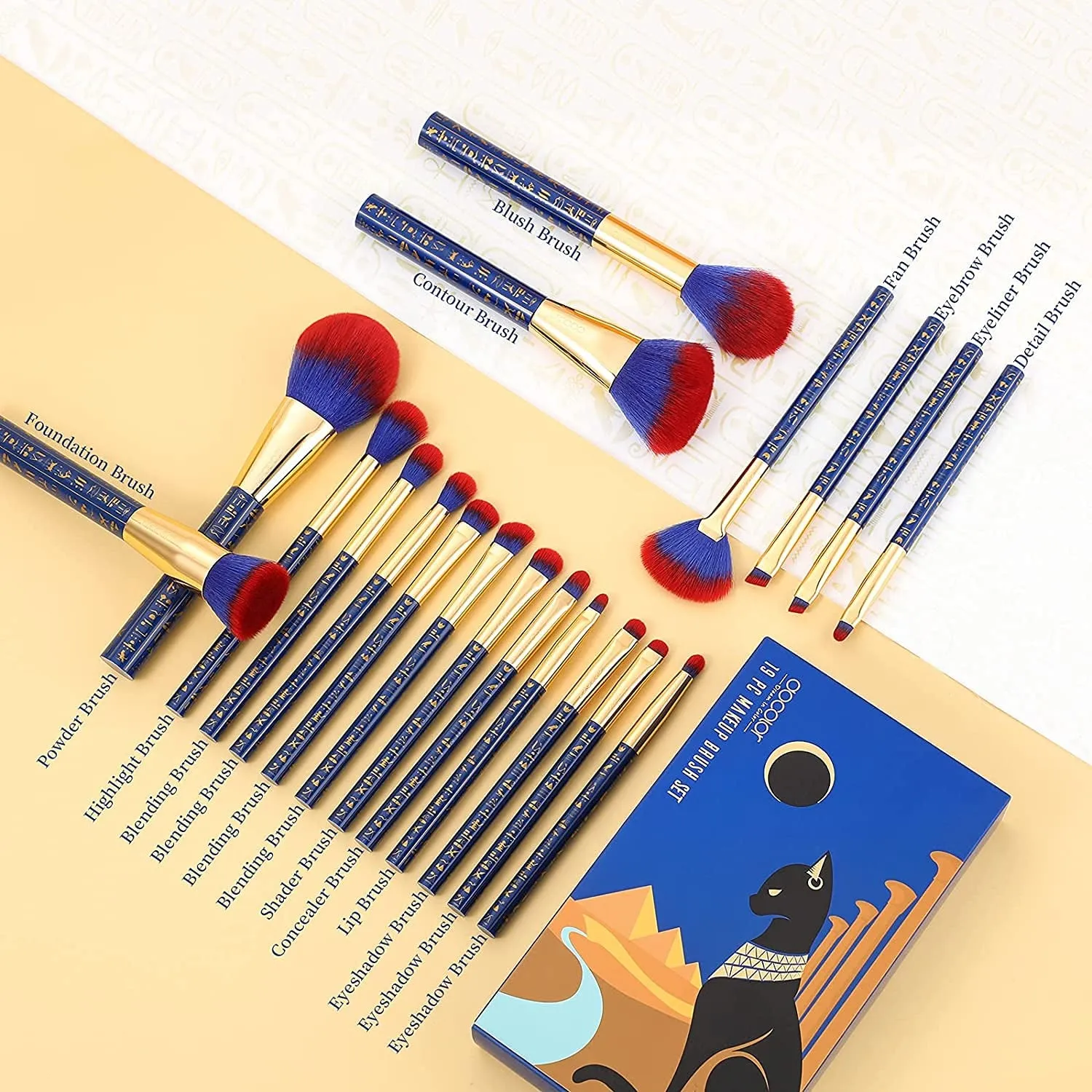 19-Piece Makeup Brush Set – Premium Synthetic Brushes for Powder, Foundation, Contour, Blush, Concealer, Eyeshadow, Blending & Liner, Ancient Egyptian Series