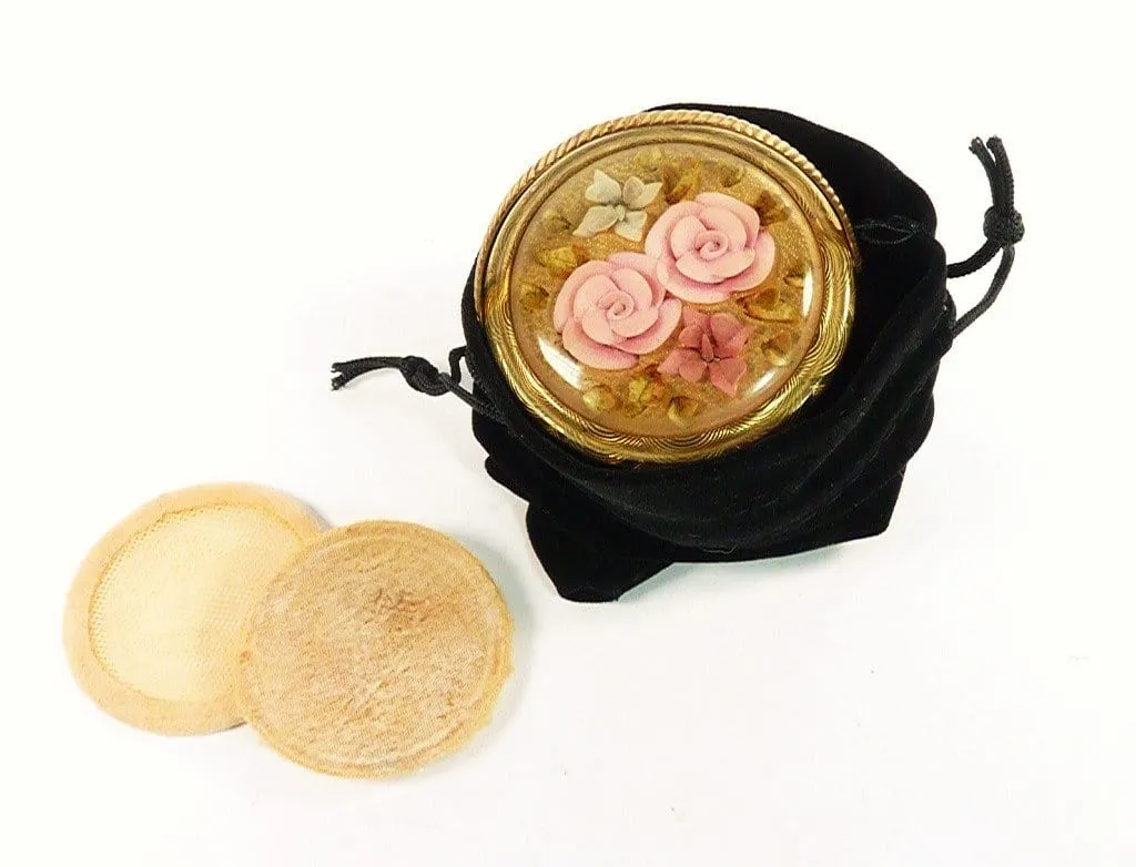 1950s Lucite Kigu Basket Powder Compact Golden Tin Foil Pink Blue Lucite Floral Motifs