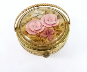 1950s Lucite Kigu Basket Powder Compact Golden Tin Foil Pink Blue Lucite Floral Motifs