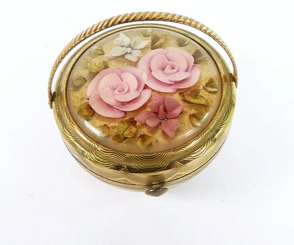 1950s Lucite Kigu Basket Powder Compact Golden Tin Foil Pink Blue Lucite Floral Motifs