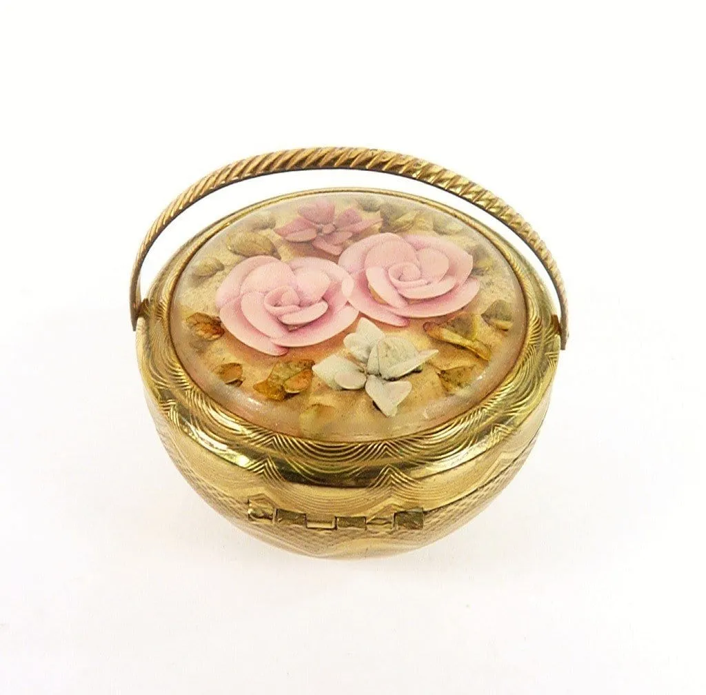 1950s Lucite Kigu Basket Powder Compact Golden Tin Foil Pink Blue Lucite Floral Motifs
