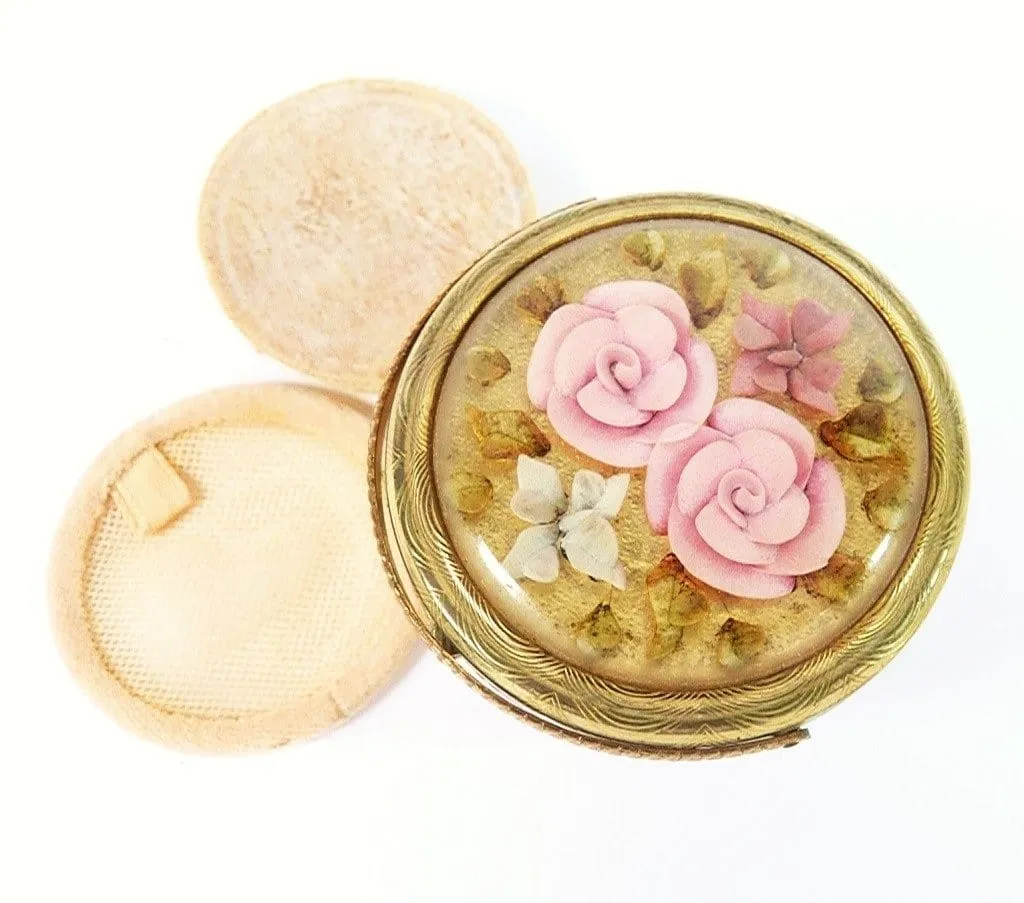 1950s Lucite Kigu Basket Powder Compact Golden Tin Foil Pink Blue Lucite Floral Motifs