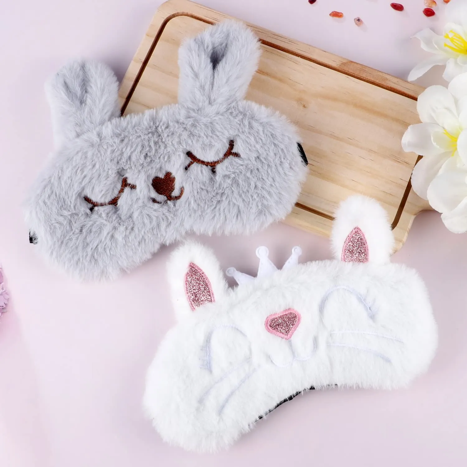 2 Pcs Animal Eye Mask for Sleeping, 3D Elastic Fluffy Cartoon Eye Cover Soft Plush Blindfold with Silk Back for Kid Night Nap Travel Meditation (White, Grey)