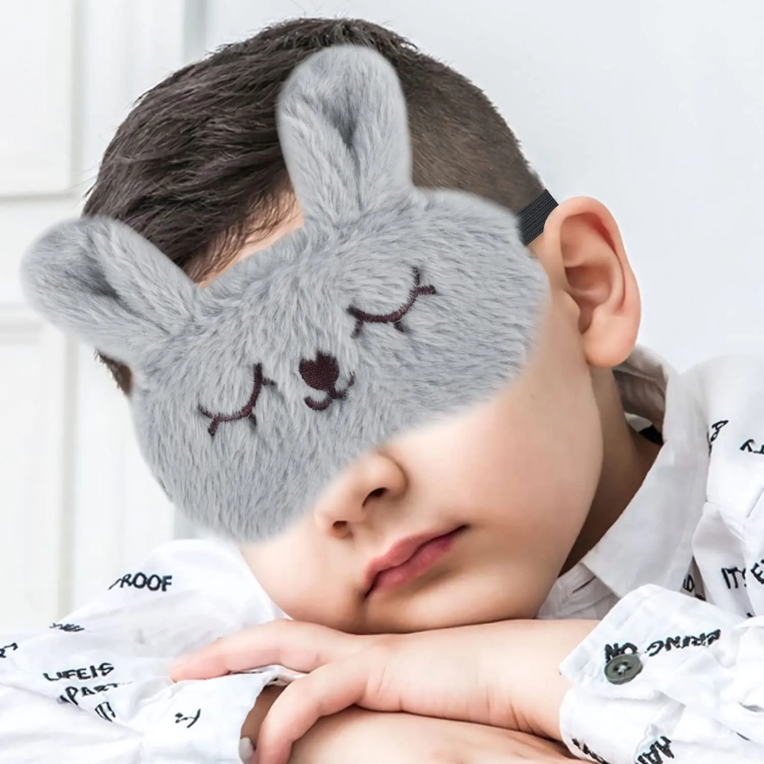 2 Pcs Animal Eye Mask for Sleeping, 3D Elastic Fluffy Cartoon Eye Cover Soft Plush Blindfold with Silk Back for Kid Night Nap Travel Meditation (White, Grey)