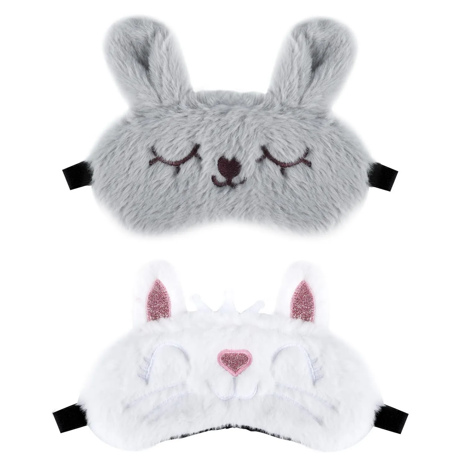 2 Pcs Animal Eye Mask for Sleeping, 3D Elastic Fluffy Cartoon Eye Cover Soft Plush Blindfold with Silk Back for Kid Night Nap Travel Meditation (White, Grey)
