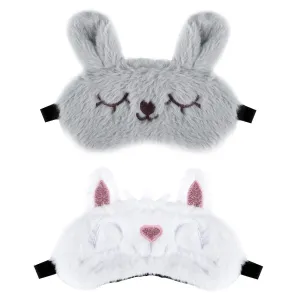 2 Pcs Animal Eye Mask for Sleeping, 3D Elastic Fluffy Cartoon Eye Cover Soft Plush Blindfold with Silk Back for Kid Night Nap Travel Meditation (White, Grey)