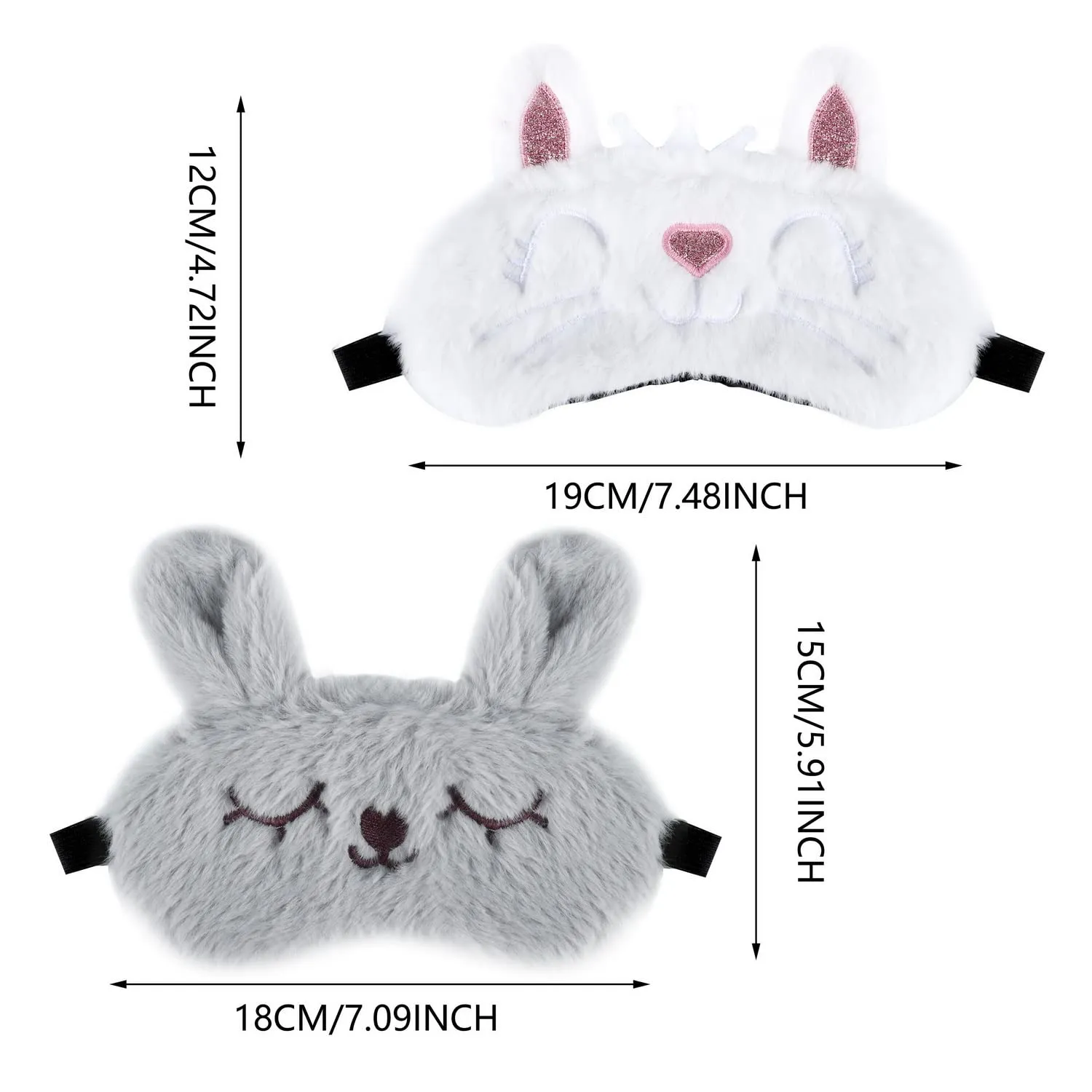 2 Pcs Animal Eye Mask for Sleeping, 3D Elastic Fluffy Cartoon Eye Cover Soft Plush Blindfold with Silk Back for Kid Night Nap Travel Meditation (White, Grey)