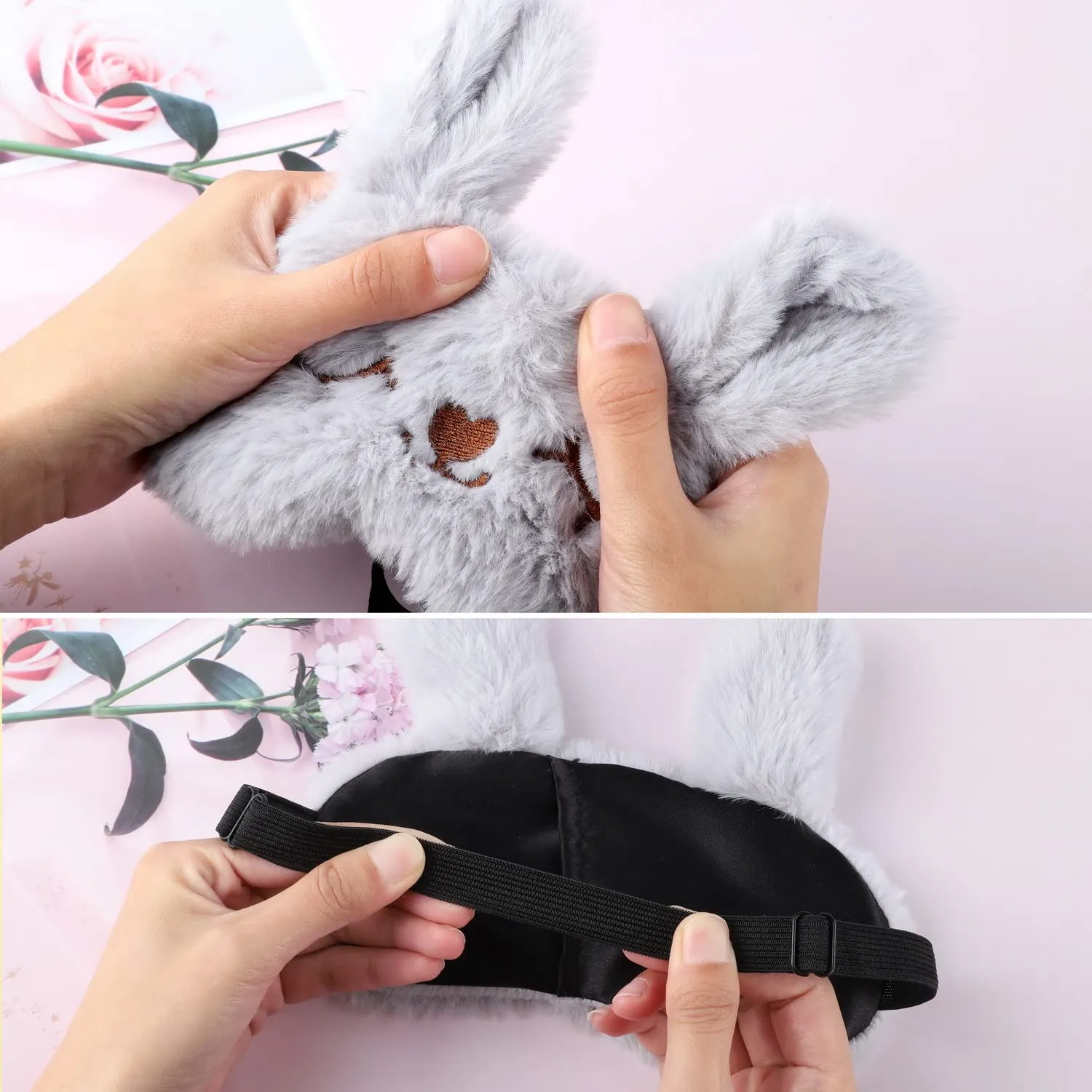 2 Pcs Animal Eye Mask for Sleeping, 3D Elastic Fluffy Cartoon Eye Cover Soft Plush Blindfold with Silk Back for Kid Night Nap Travel Meditation (White, Grey)