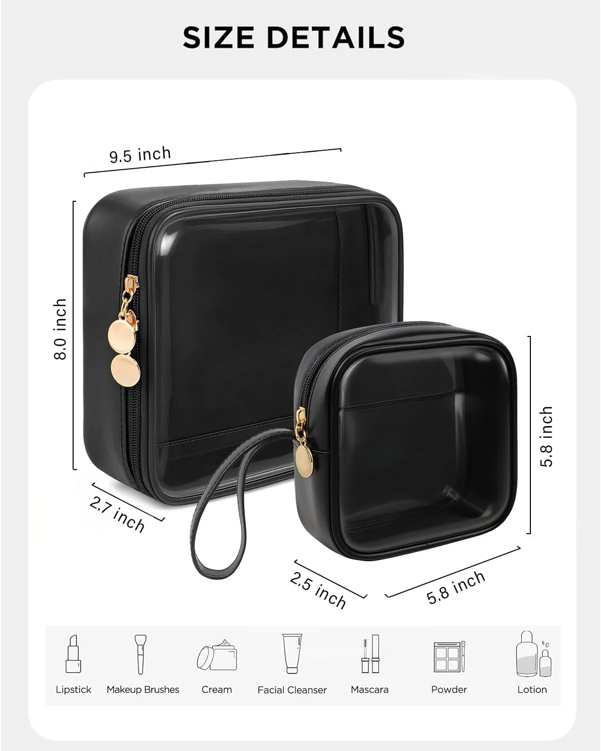 2 PCS TSA Approved Toiletry Bag with Mini Clear Makeup Bag,Clear Toiletry Bag With Handle Strap,Travel Size Toiletry Bag Travel Essentials Beach Essentials Pool Accessories for Women (B-Clear Black)