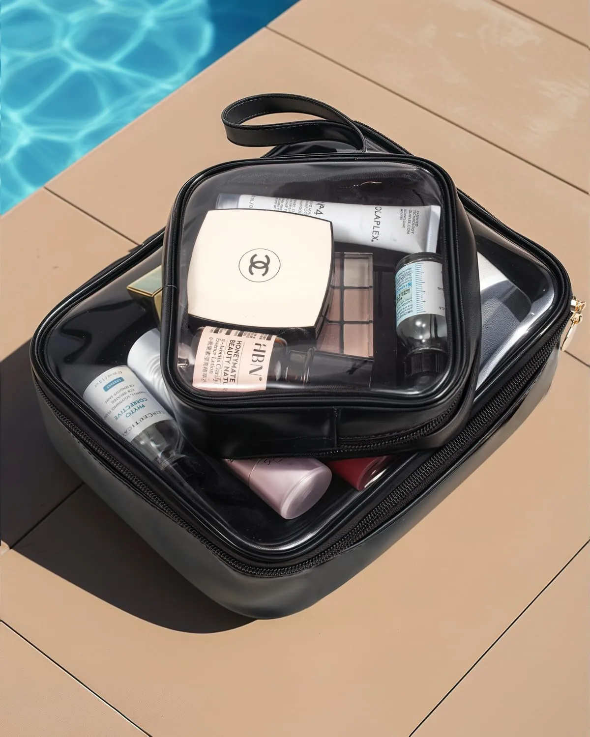 2 PCS TSA Approved Toiletry Bag with Mini Clear Makeup Bag,Clear Toiletry Bag With Handle Strap,Travel Size Toiletry Bag Travel Essentials Beach Essentials Pool Accessories for Women (B-Clear Black)