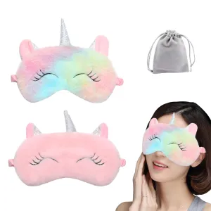 2Pcs Cute Sleep Mask, Unicorn Cartoon Eye Mask for Travel Nap Sleep Lunch Break Overnight Party, Soft Plush Blindfold Eye Covers for Women Girls Kids Style2