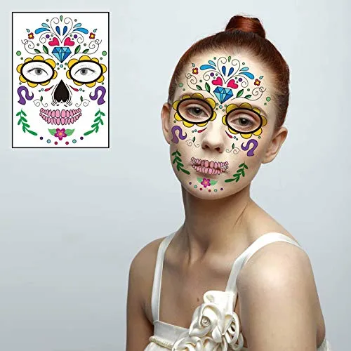 4 Pcs Day of the Dead Temporary Face Gem Jewels Tattoos Halloween Rhinestone Sugar Skull Face Stickers Makeup for Halloween Festival Rave Party Outfit