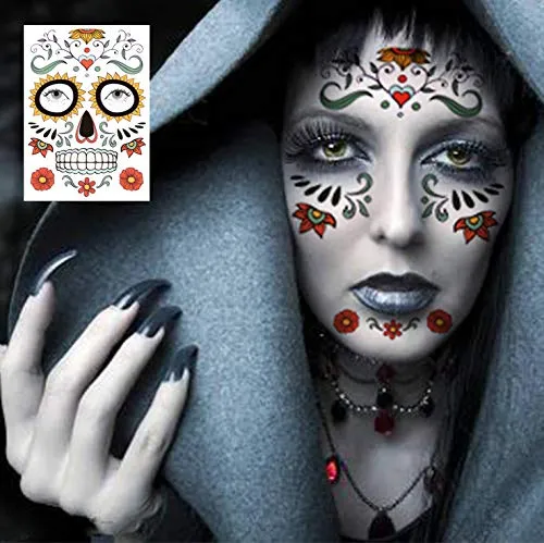 4 Pcs Day of the Dead Temporary Face Gem Jewels Tattoos Halloween Rhinestone Sugar Skull Face Stickers Makeup for Halloween Festival Rave Party Outfit