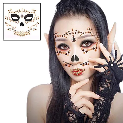 4 Pcs Day of the Dead Temporary Face Gem Jewels Tattoos Halloween Rhinestone Sugar Skull Face Stickers Makeup for Halloween Festival Rave Party Outfit