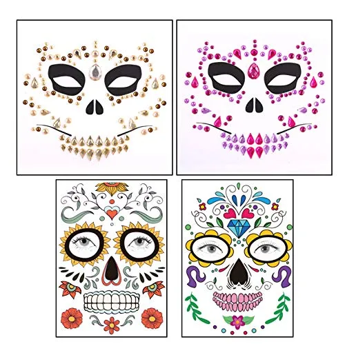 4 Pcs Day of the Dead Temporary Face Gem Jewels Tattoos Halloween Rhinestone Sugar Skull Face Stickers Makeup for Halloween Festival Rave Party Outfit