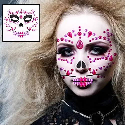 4 Pcs Day of the Dead Temporary Face Gem Jewels Tattoos Halloween Rhinestone Sugar Skull Face Stickers Makeup for Halloween Festival Rave Party Outfit