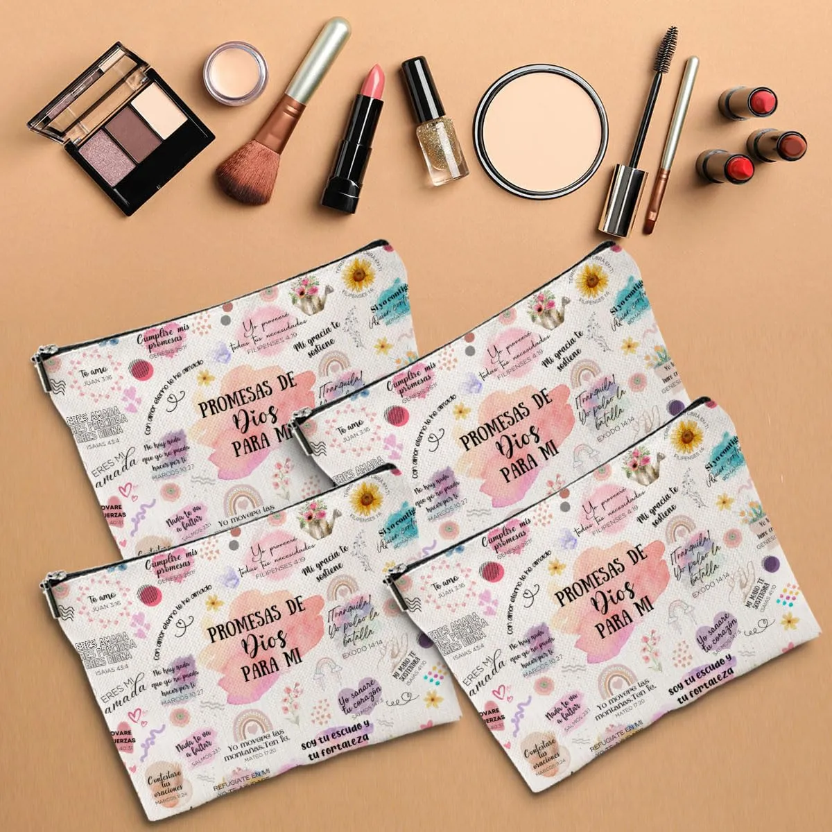 4 Piezas Versículos Bíblicos En Español, Regalos Cristianos, Regalos Cristianos En Español, Spanish Christian Gifts for Women Pastor Wife Prayer Friend Makeup Bag Religious Gifts Faith Cosmetic Bag
