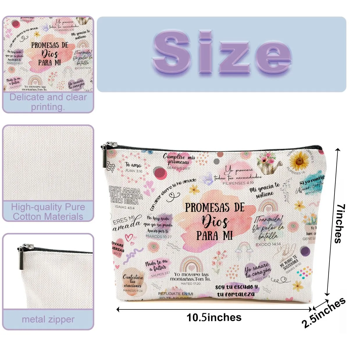 4 Piezas Versículos Bíblicos En Español, Regalos Cristianos, Regalos Cristianos En Español, Spanish Christian Gifts for Women Pastor Wife Prayer Friend Makeup Bag Religious Gifts Faith Cosmetic Bag