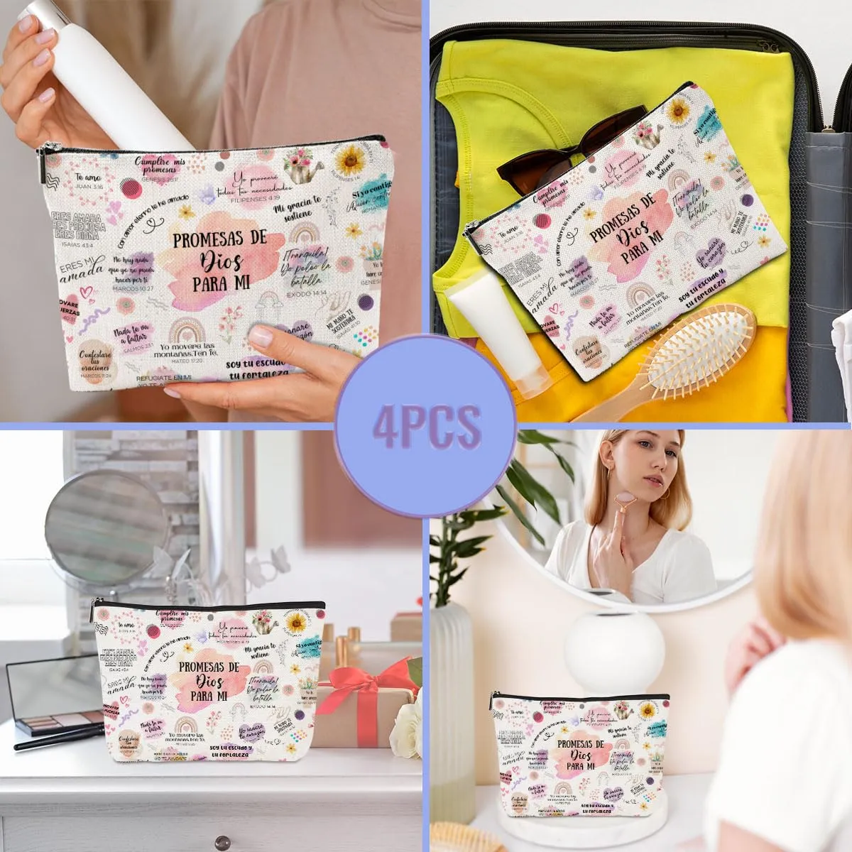 4 Piezas Versículos Bíblicos En Español, Regalos Cristianos, Regalos Cristianos En Español, Spanish Christian Gifts for Women Pastor Wife Prayer Friend Makeup Bag Religious Gifts Faith Cosmetic Bag