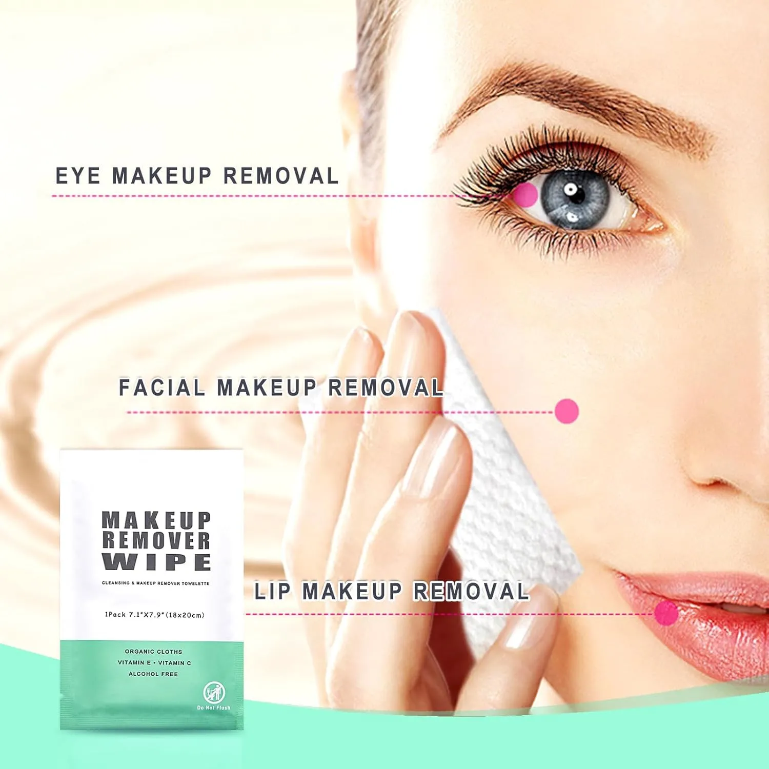50 pcs Makeup Remover Wipes Individually Wrapped Makeup Wipes Bulk Face Cleansing Wipes, Individual Wet Wipes, Travel Towelette Makeup Remover Cloth for Face Cleansing Skin Care Remove Makeup