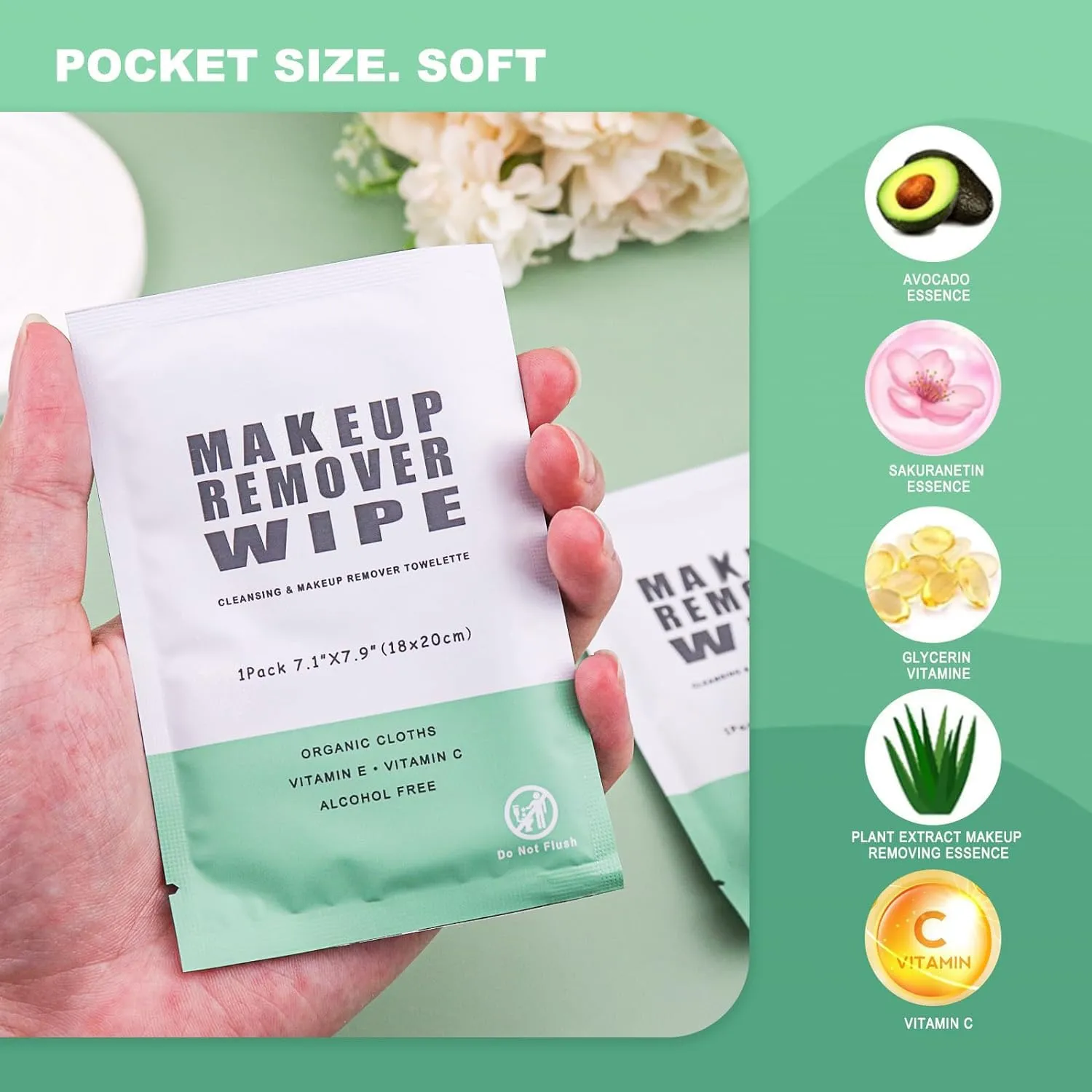 50 pcs Makeup Remover Wipes Individually Wrapped Makeup Wipes Bulk Face Cleansing Wipes, Individual Wet Wipes, Travel Towelette Makeup Remover Cloth for Face Cleansing Skin Care Remove Makeup