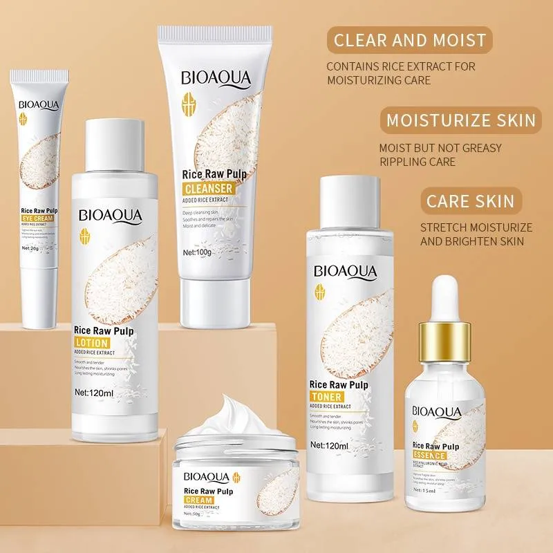 6pcs BIOAQUA Rice Raw Pulp Skin Care Sets Moisturizing Whitening Anti-aging Face Cream Serum Facial Cleanser Eye Cream Skin Care Set