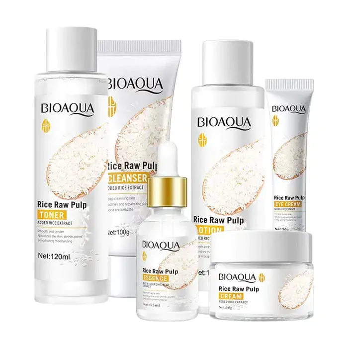 6pcs BIOAQUA Rice Raw Pulp Skin Care Sets Moisturizing Whitening Anti-aging Face Cream Serum Facial Cleanser Eye Cream Skin Care Set