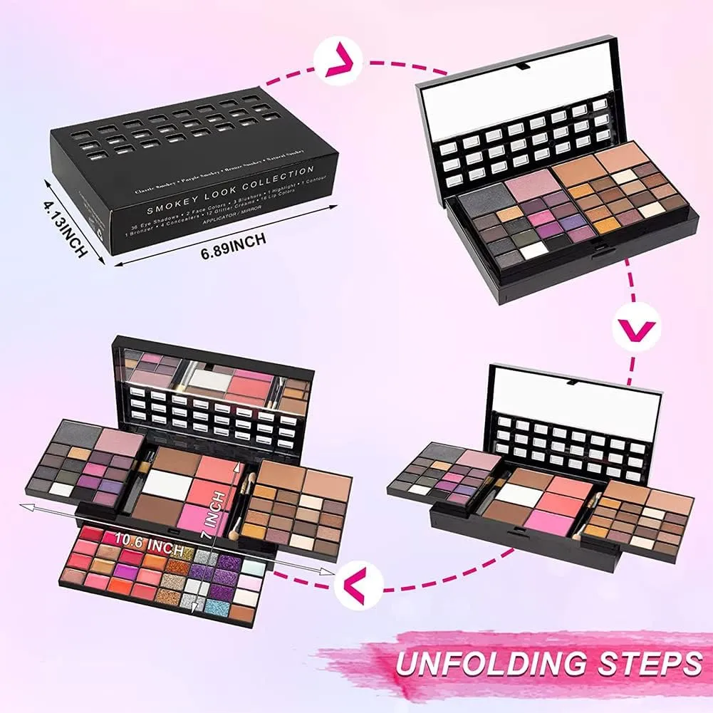 74 Colors Makeup Kit for Women: Full Kit All in One Makeup Kit including 36 Eyeshadow Makeup,16 Lip Gloss,12 Glitter Cream, 4 Concealer, 3 Blusher,1 Bronzer, 2 Highlight and Contour