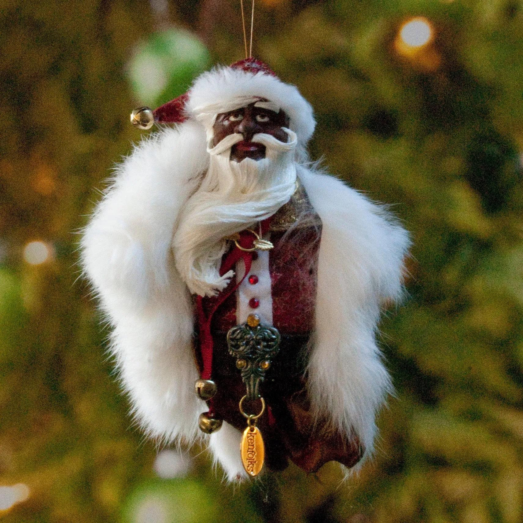African American Santa Claus - Christmas Decoration - Richly textured fur trimmed red and gold coat & cap