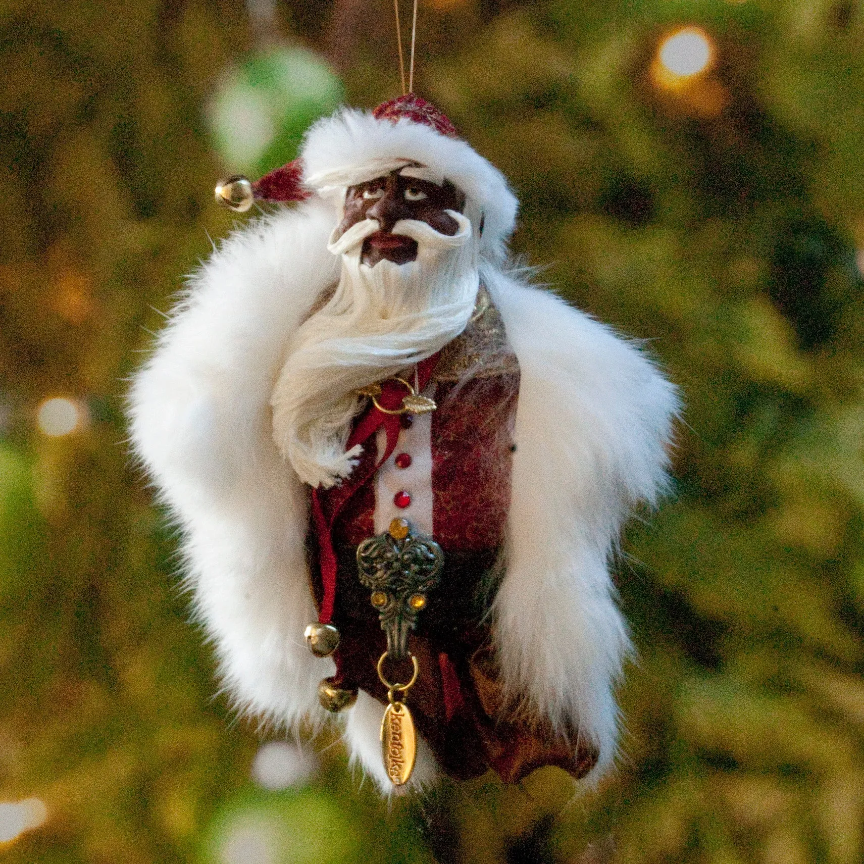 African American Santa Claus - Christmas Decoration - Richly textured fur trimmed red and gold coat & cap