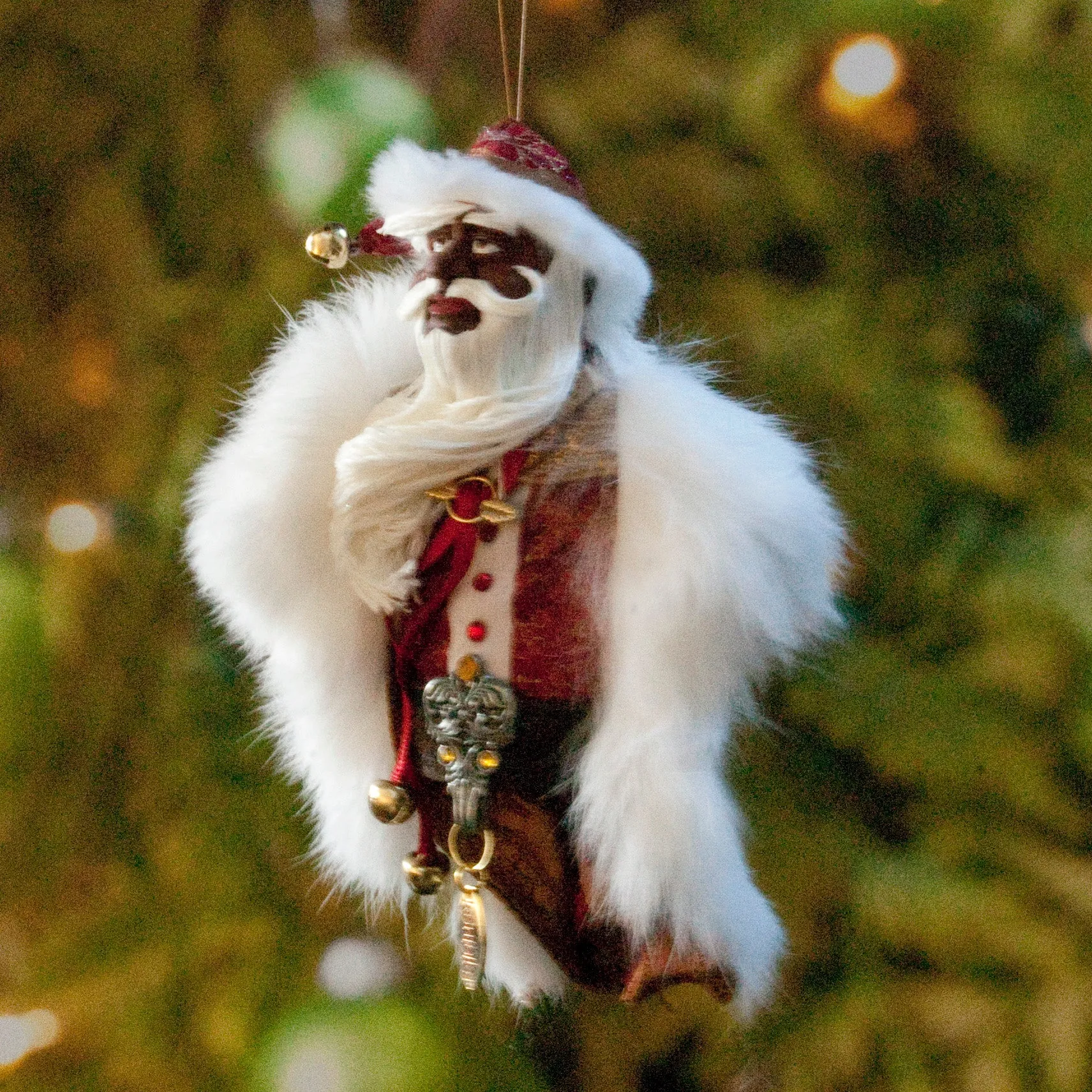 African American Santa Claus - Christmas Decoration - Richly textured fur trimmed red and gold coat & cap