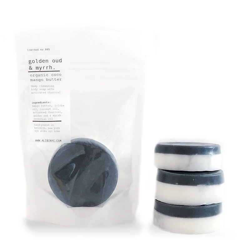 ALIBI NYC | Golden Oud & Myrrh   Charcoal Organic Coco Mango Butter Soap