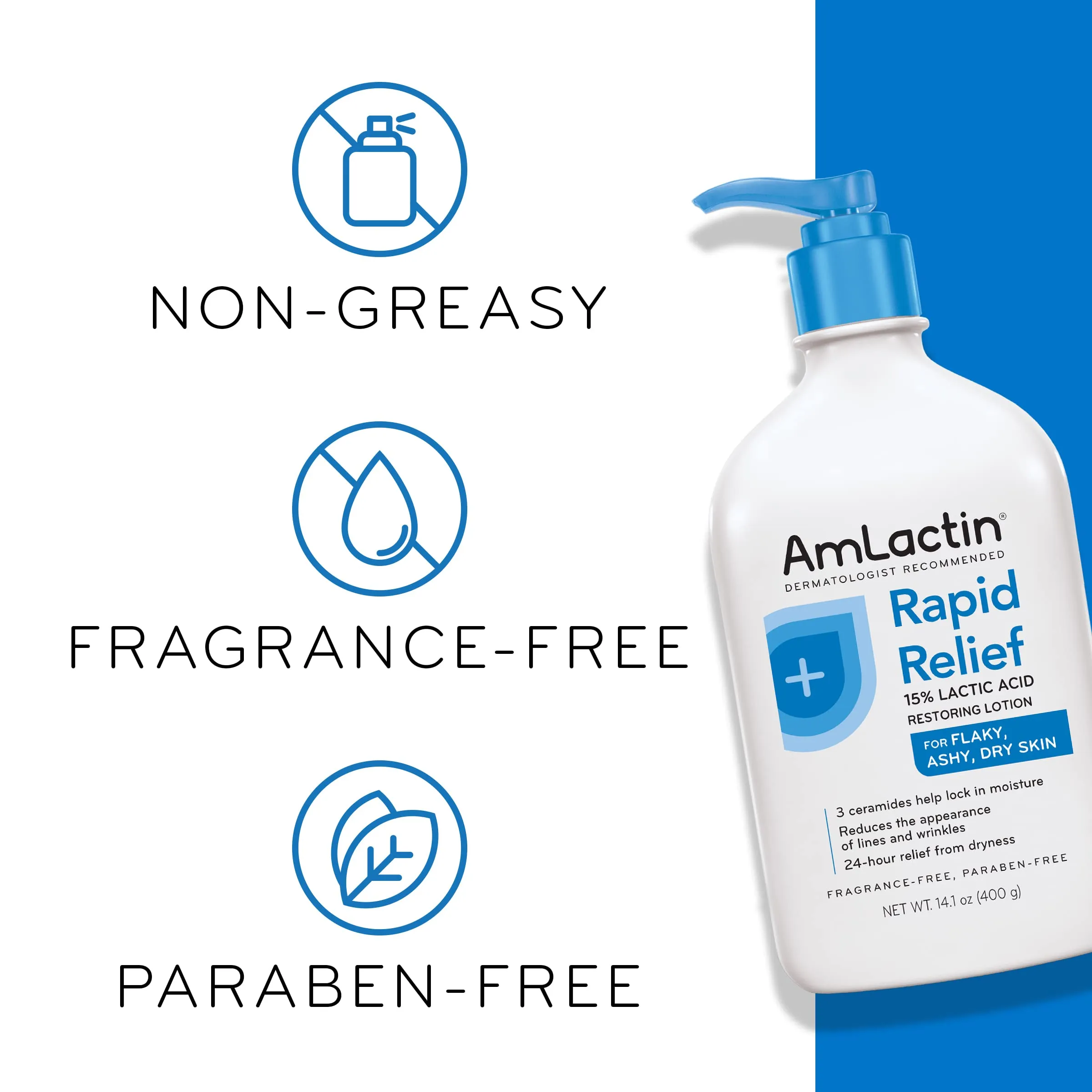 AmLactin Rapid Relief Restoring Body Lotion With Ceramides, Moisturizing Lotion for Dry Skin - 14.1 Oz Pump Bottle (Packaging may vary) 14.1 Ounce (Pack of 1)