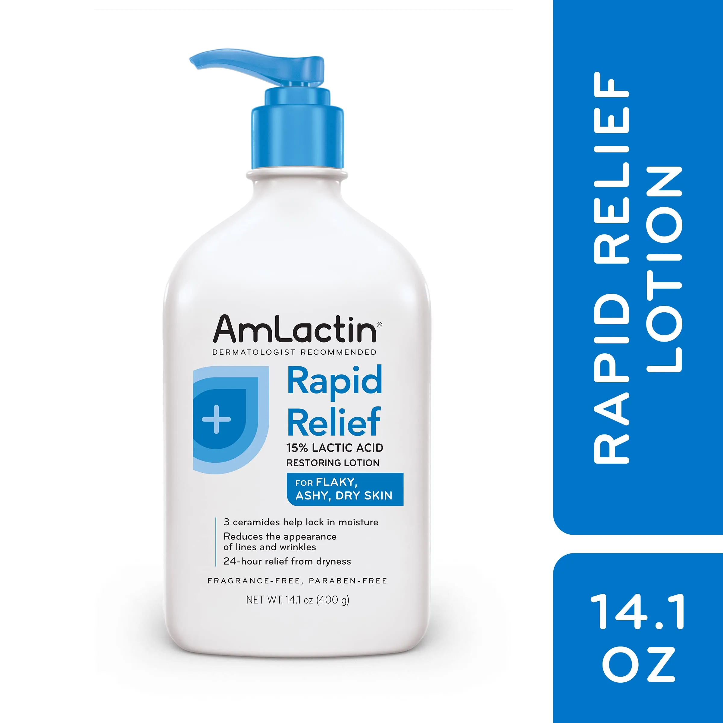 AmLactin Rapid Relief Restoring Body Lotion With Ceramides, Moisturizing Lotion for Dry Skin - 14.1 Oz Pump Bottle (Packaging may vary) 14.1 Ounce (Pack of 1)