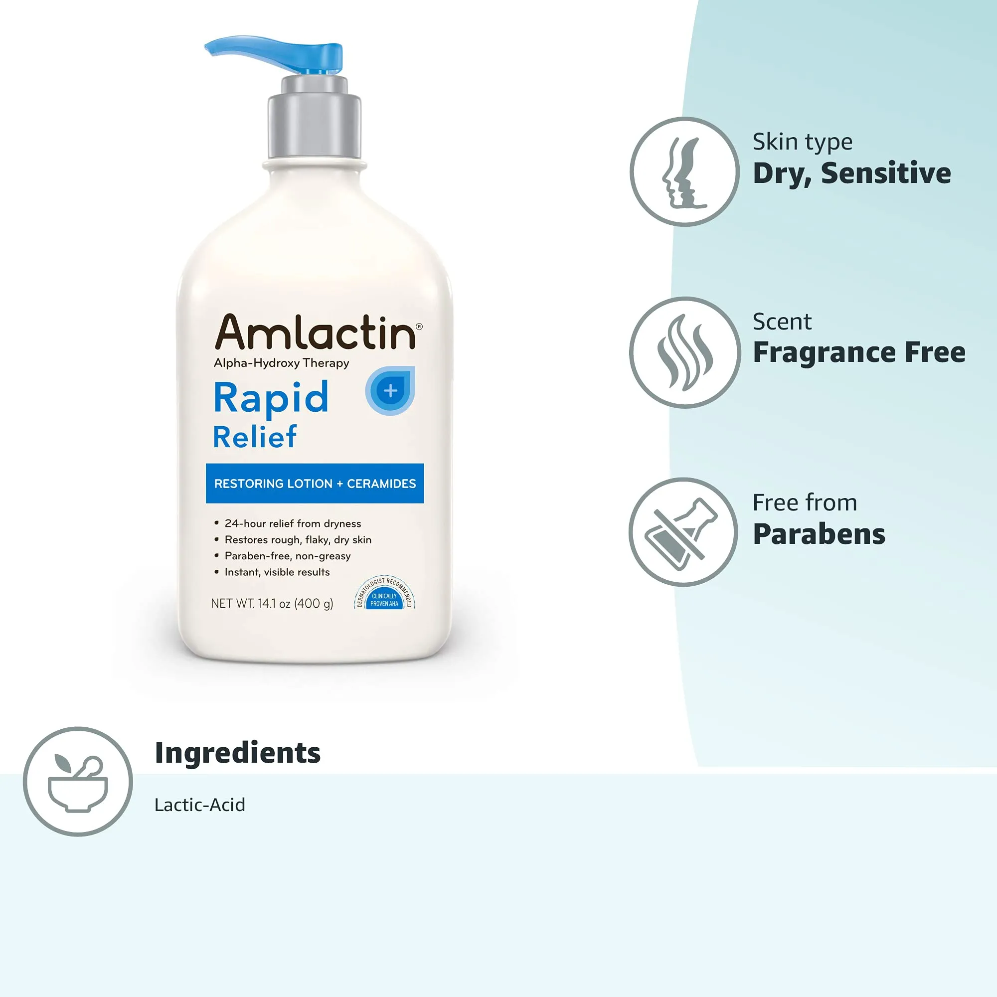 AmLactin Rapid Relief Restoring Body Lotion With Ceramides, Moisturizing Lotion for Dry Skin - 14.1 Oz Pump Bottle (Packaging may vary) 14.1 Ounce (Pack of 1)
