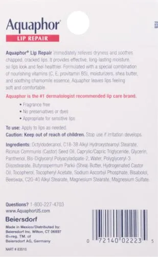 Aquaphor Lip Repair Tubes, Lip Ointment for Chapped Lips, Moisturizing Lip Balm, Two 0.35 ounce tubes