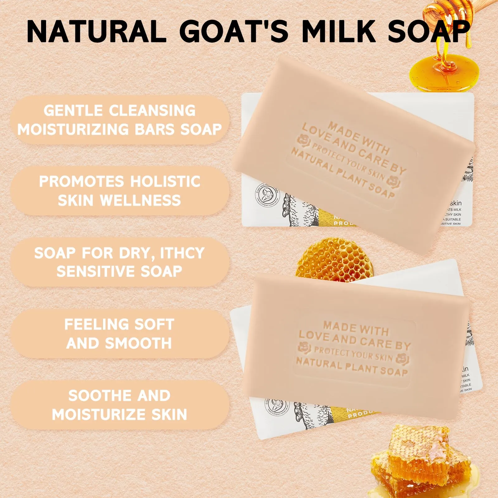 Ashena 2Pcs Goat Milk Soap Bar Moisturizing Natural Soap Bar for Face Body Cleansing Palm oil Body Wash Hand Soap Natural Soap Bar Gift Set (8.8 Oz, Honey)