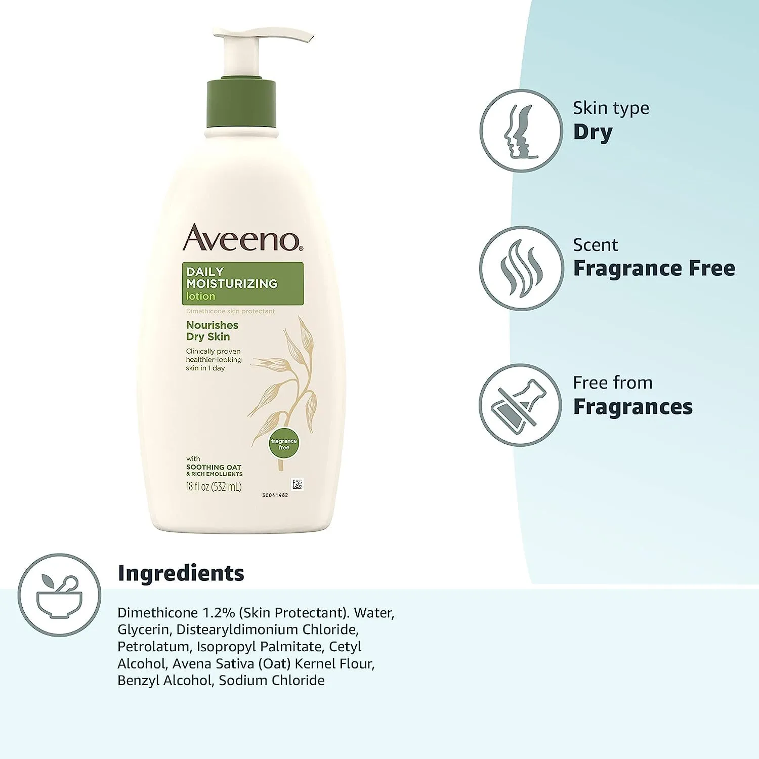 Aveeno Daily Moisturizer, Body Lotion, For Dry Skin, Prebiotic Oat Fragrance Free, 18 fl. oz, Pack of 1 18 Fl Oz (Pack of 1)