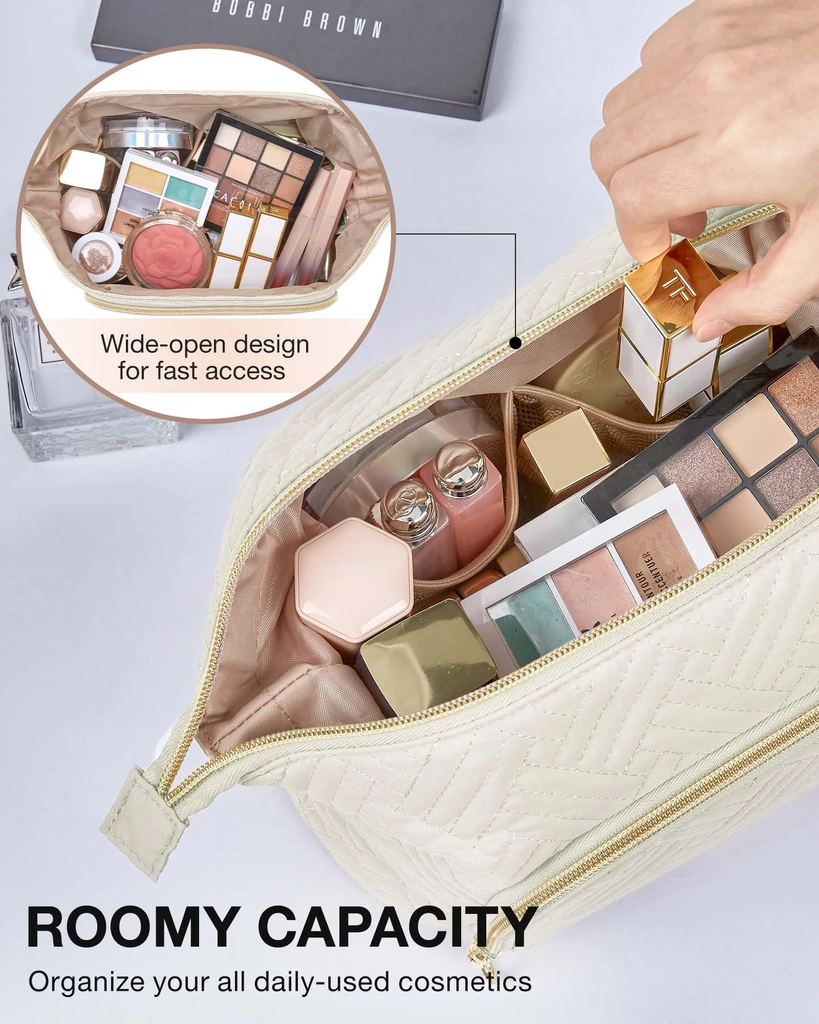 BAGSMART Travel Makeup Bag, Cosmetic Bag Make Up Organizer Case, Dorm Room Essentials Large Wide-open Pouch Women Travel Essentials Double Layers Purse for Toiletries Accessories Brushes Pink