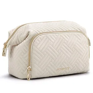 BAGSMART Travel Makeup Bag, Cosmetic Bag Make Up Organizer Case, Dorm Room Essentials Large Wide-open Pouch Women Travel Essentials Double Layers Purse for Toiletries Accessories Brushes Pink