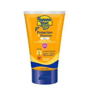 Banana Boat Protection Plus Vitamins Face Sunscreen Lotion 2 OZ, SPF 50, 12 Hour Hydration, Water Resistant (80 Minutes) Sunblock