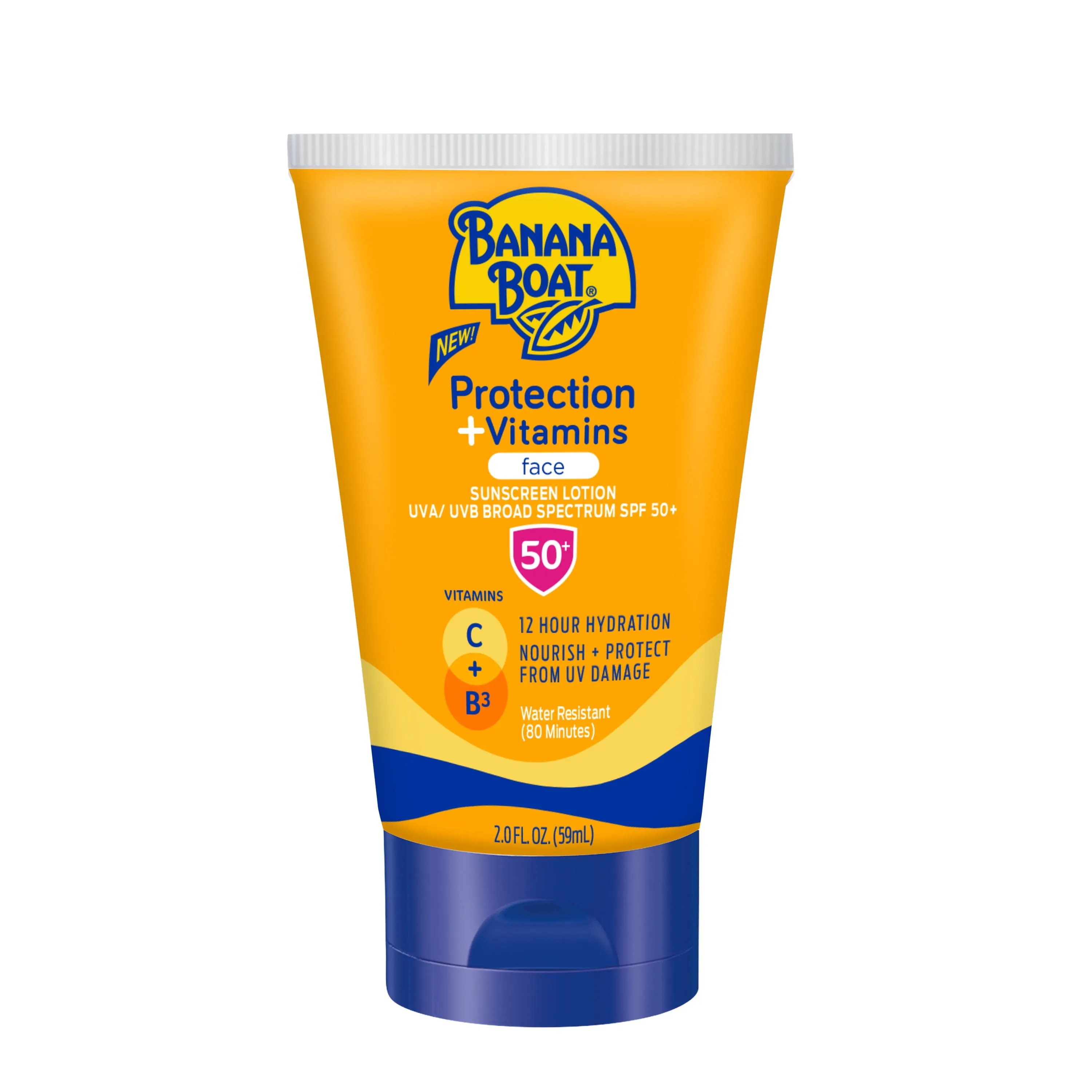 Banana Boat Protection Plus Vitamins Face Sunscreen Lotion 2 OZ, SPF 50, 12 Hour Hydration, Water Resistant (80 Minutes) Sunblock