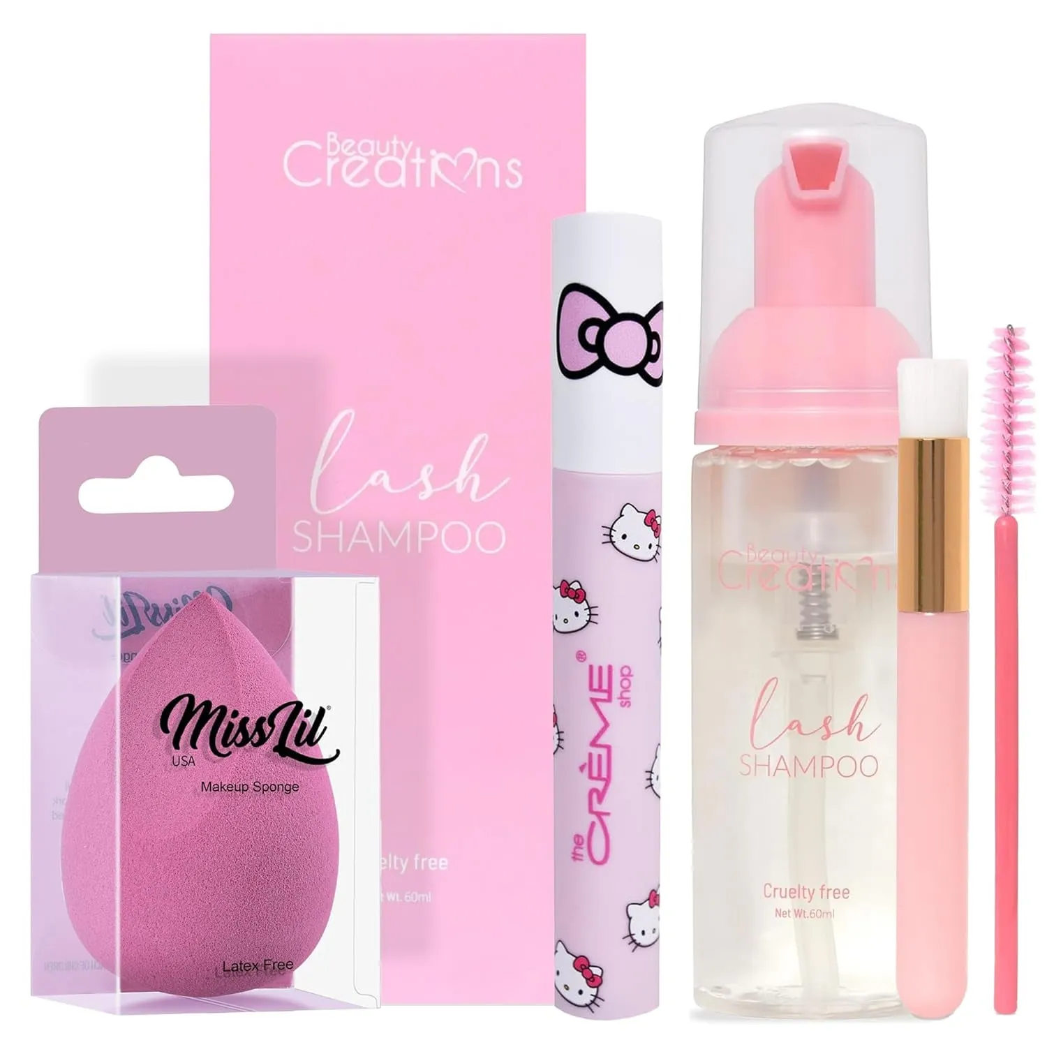 Beauty Bundle Hello Kitty by Sanrio Lash Luv Serum Mascara W/Biotin for Growth, Beauty Creations Lash Shampoo for Falsies & Extensions with Brush & Beauty Blender Makeup Sponge