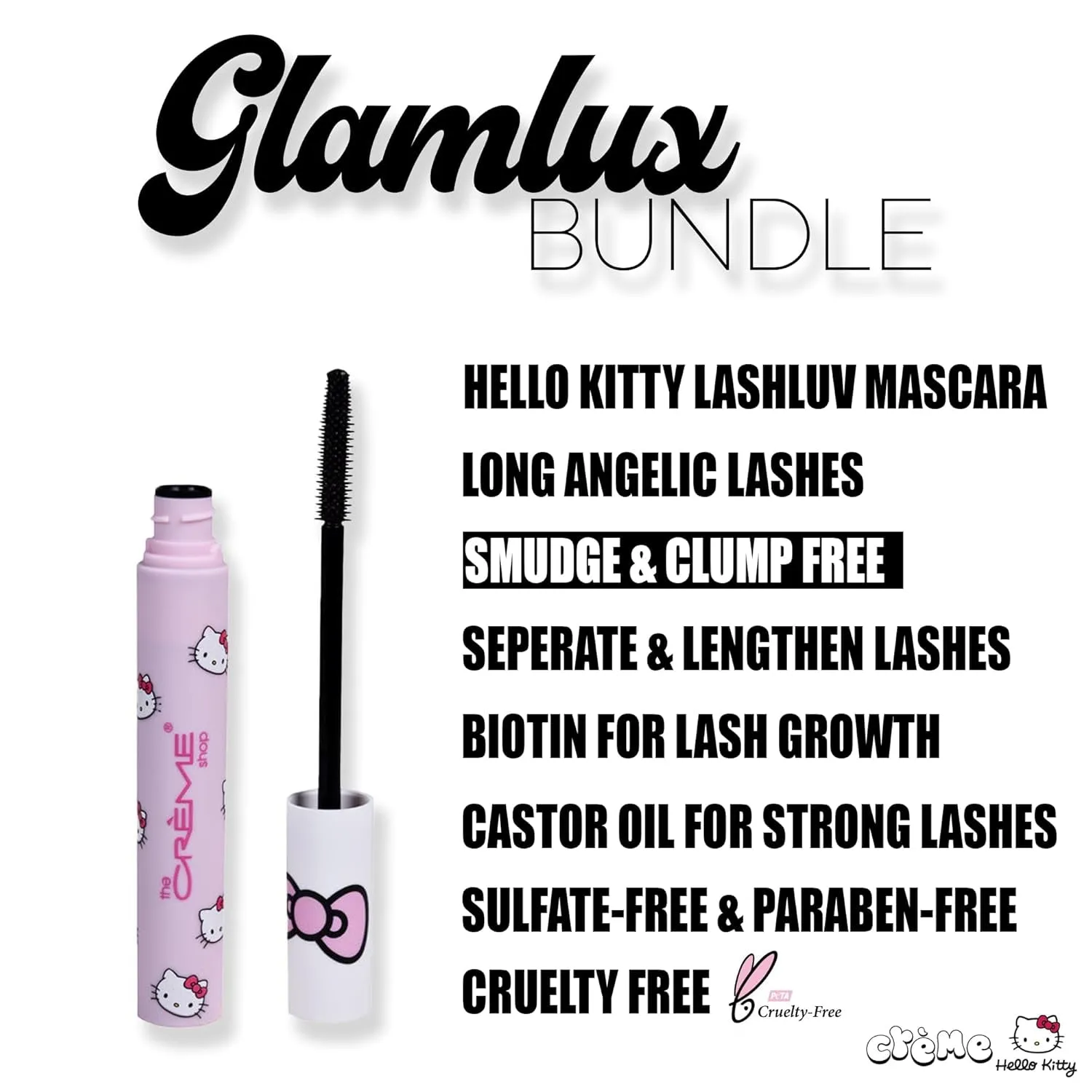 Beauty Bundle Hello Kitty by Sanrio Lash Luv Serum Mascara W/Biotin for Growth, Beauty Creations Lash Shampoo for Falsies & Extensions with Brush & Beauty Blender Makeup Sponge
