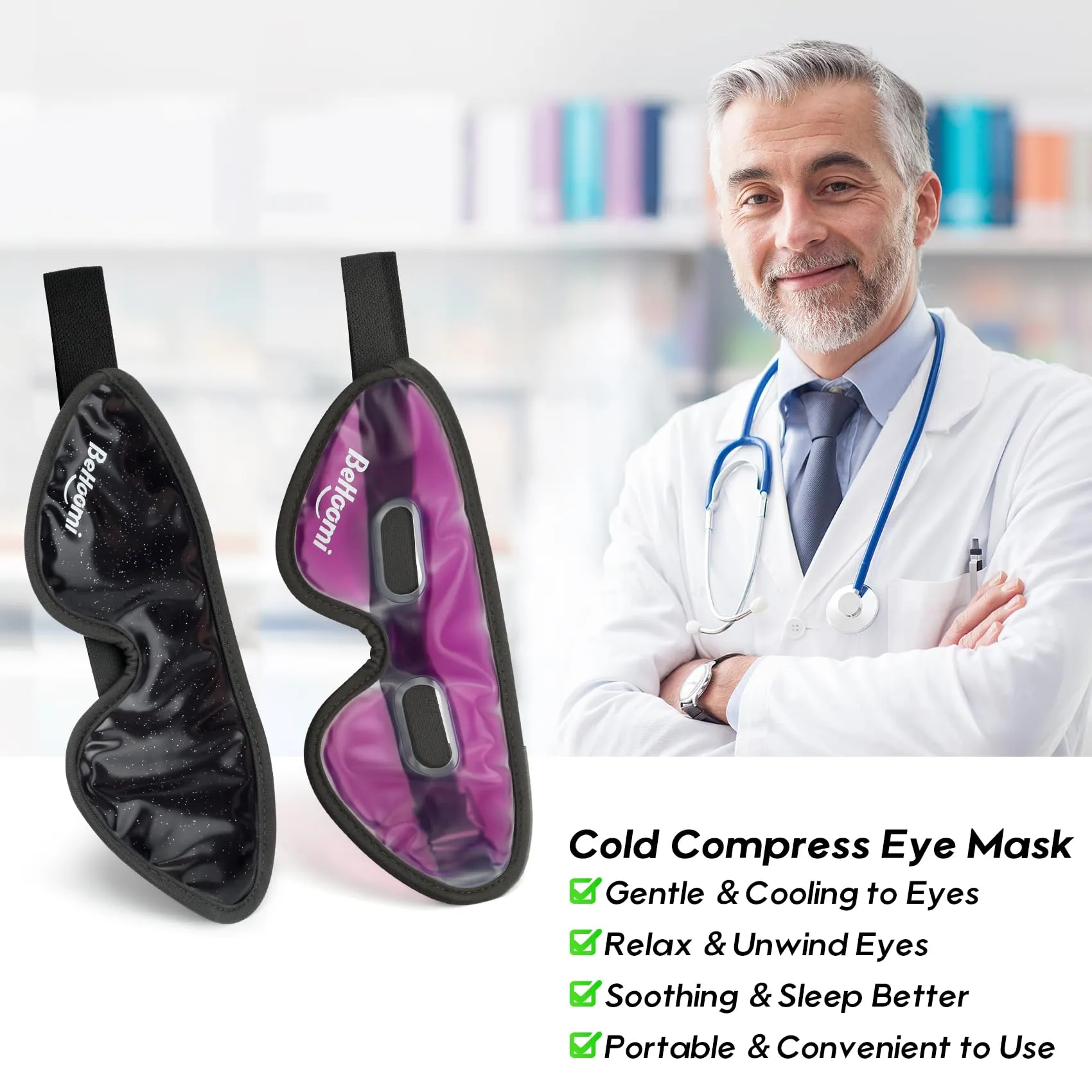 BeHoomi Cooling Eye Mask, Gel Eye Mask Cold Compress for Eyes, Reusable Eye Ice Pack, Cool Relaxation, Comfort Snug Fit, No Freeze, Eye Cover Ice Mask for Home, Office, 2PCS, Black & Purple