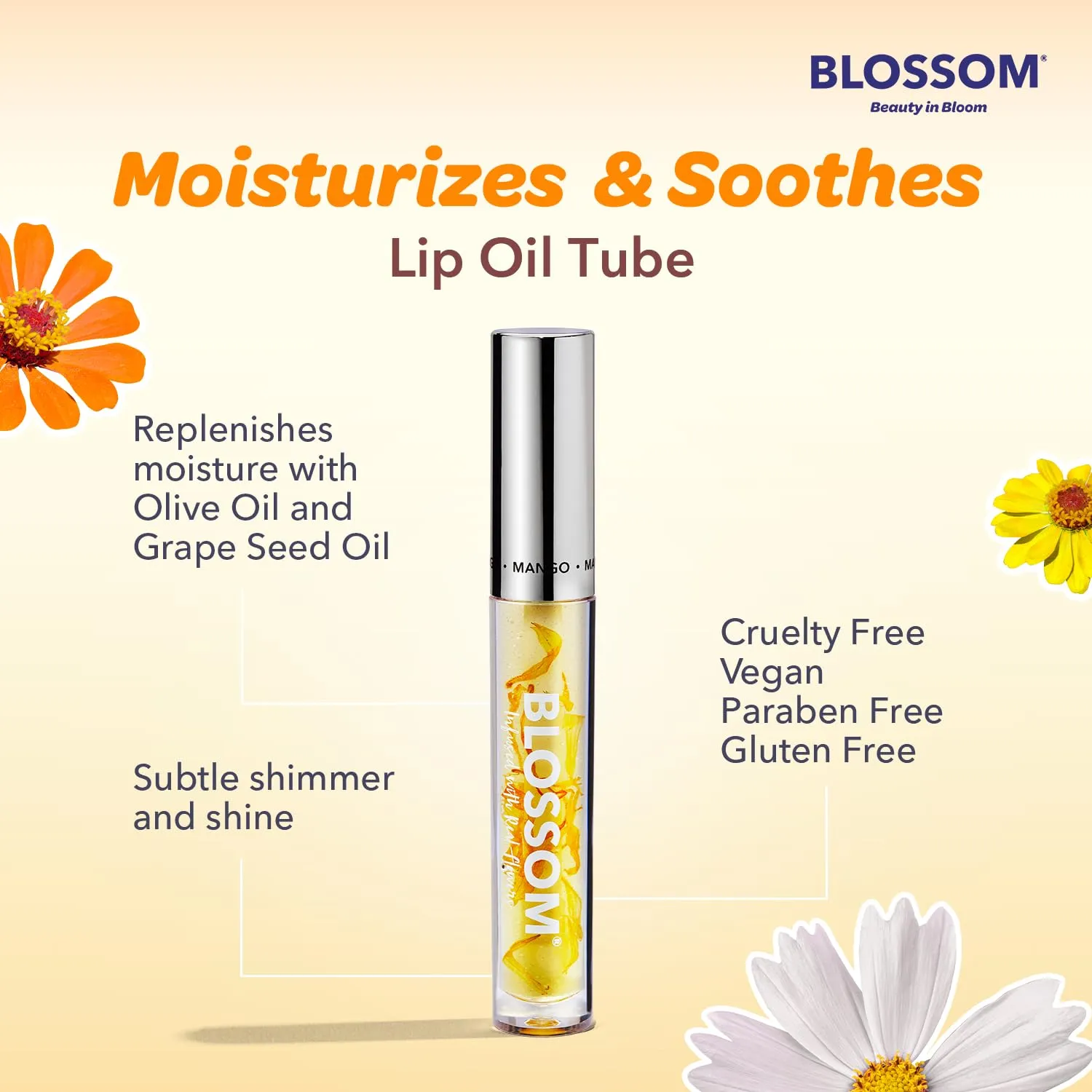 Blossom Moisturizing and Hydrating Shimmer Sparkle Lip Oil with Olive Oil   Grape Seed Oil, Infused with Real Flowers, 3g, Mango