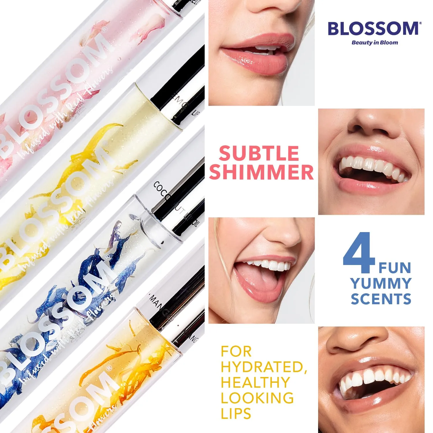 Blossom Moisturizing and Hydrating Shimmer Sparkle Lip Oil with Olive Oil   Grape Seed Oil, Infused with Real Flowers, 3g, Mango