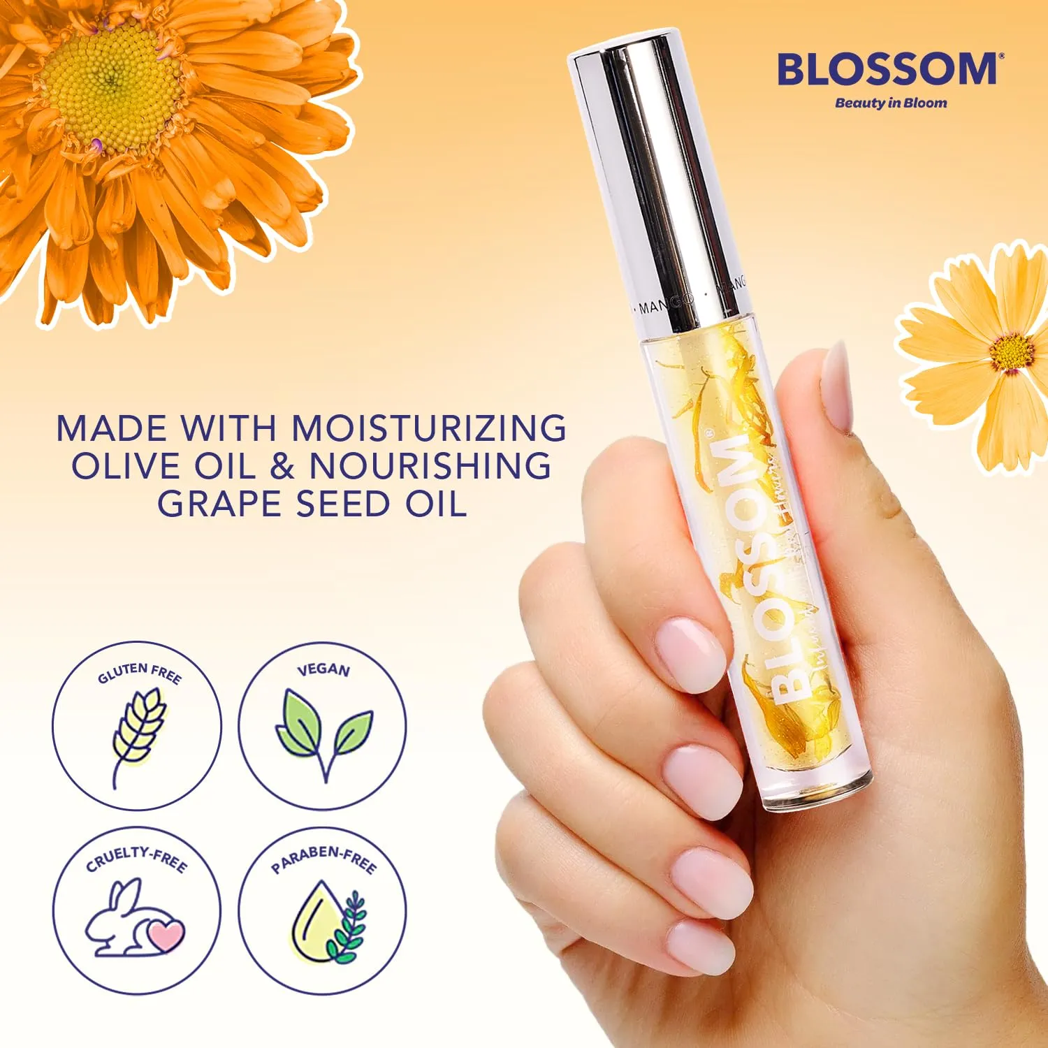 Blossom Moisturizing and Hydrating Shimmer Sparkle Lip Oil with Olive Oil   Grape Seed Oil, Infused with Real Flowers, 3g, Mango