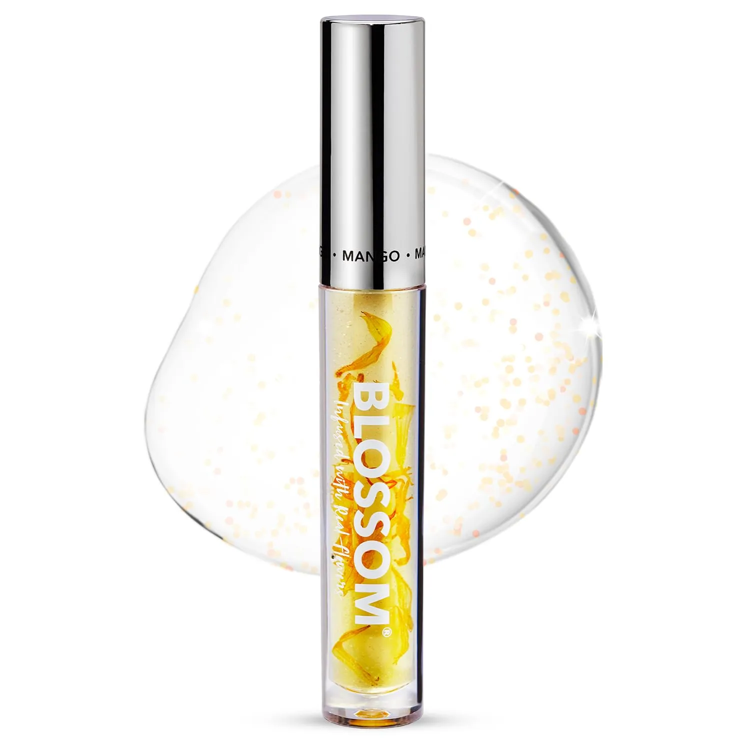 Blossom Moisturizing and Hydrating Shimmer Sparkle Lip Oil with Olive Oil   Grape Seed Oil, Infused with Real Flowers, 3g, Mango